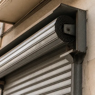 Cajón y lamas de persiana de aluminio en una fachada de Murcia